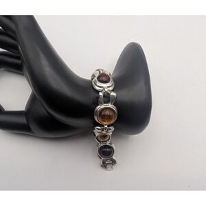 Silver Tone Amber Cabochon Link Bracelet Womens Boho Artisan Jewelry
